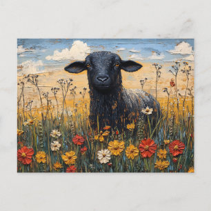 Carte Postale Agneau noir rustique avec art Fleur sauvage