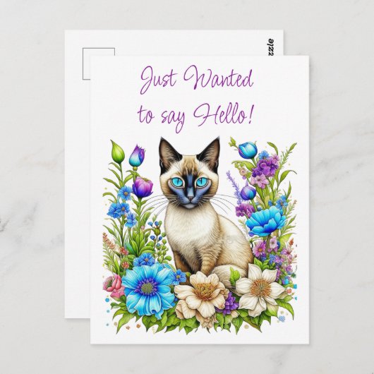 Carte Postale Ai Aquarelle Siamese Chat en Fleurs (Devant / Derrière)