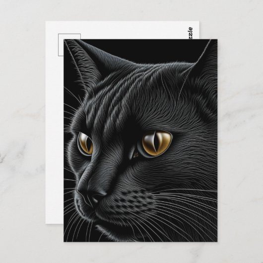 Carte Postale AI Chat noir avec yeux jaunes (Devant / Derrière)