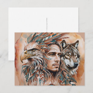 Carte Postale Aigle - Homme - Loup - art à l'aquarelle 1 - Fan F