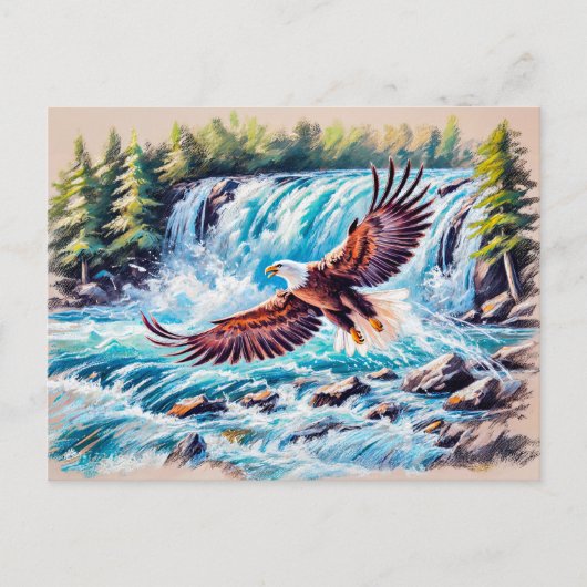 Carte Postale Aigle volant devant la cascade Pastel Chalk (Devant)