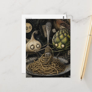 Carte Postale ail adorable et artichaut torsade les spaghettis