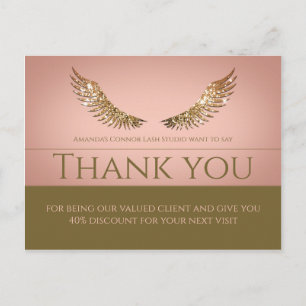 Carte Postale Ailes de Cils Pailletées Or Remise Merci Rose