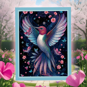 Carte Postale Ailes Iridescentes de colibri magique Fleurs roses