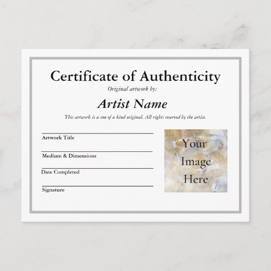 Carte Postale Ajouter une photo d'art Certificat d'authenticité  (Devant)