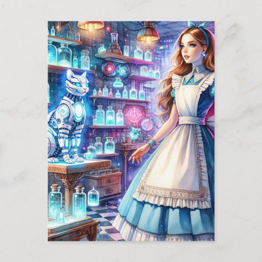 Carte Postale Alice dans l'appothécaire de Steampunk avec Robot (Devant)
