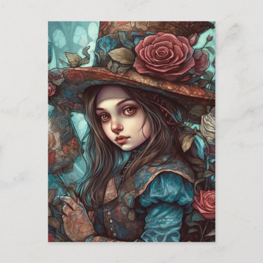 Carte Postale Alice dans un chapeau avec fleurs (Devant)