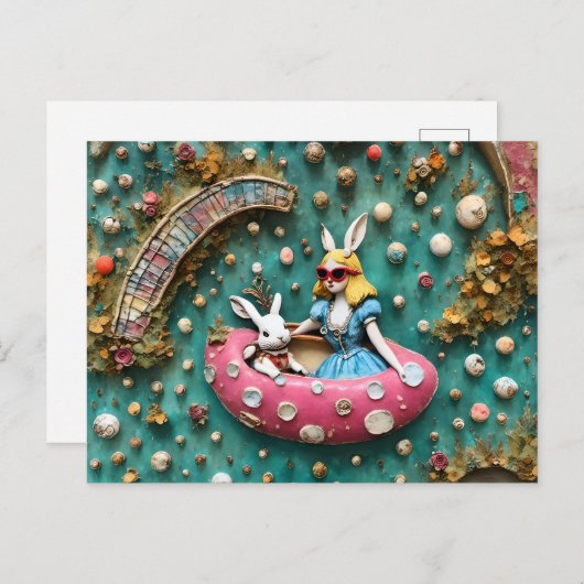 Carte Postale Alice et le lapin blanc en voyage en flottant (Devant / Derrière)