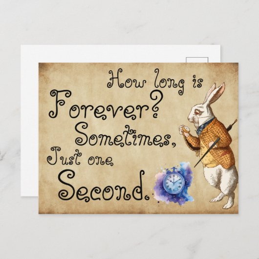 Carte Postale Alice - Lapin Blanc - Combien de temps est-ce que (Devant / Derrière)