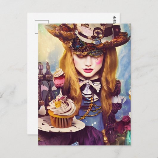 Carte Postale Alice Steampunk Avec Cupcakes (Devant / Derrière)