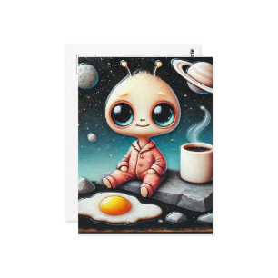 Carte Postale Alien bébé avec café et oeuf