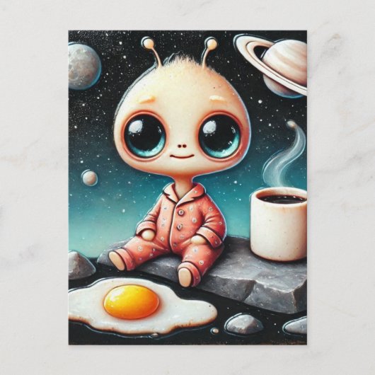 Carte Postale Alien bébé avec café et oeuf (Devant)