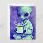 Carte Postale Alien bleu avec une coupe de café (Devant / Derrière)