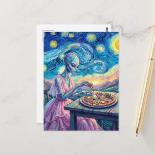 Carte Postale Alien Bleu en Robe Rose Mange une Pizza Faux Van G