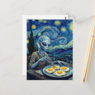 Carte Postale Alien Bleu Mangeant des Œufs Frits Faux Van Gogh