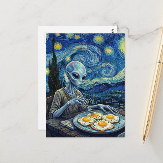 Carte Postale Alien Bleu Mangeant des Œufs Frits Faux Van Gogh (Devant/Arrière en situation)