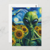 Carte Postale Alien dans un terrain de tournesol Faux Van Gogh (Devant / Derrière)