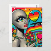 Carte Postale Alien d'argent un oeil en amour avec un robot (Devant / Derrière)