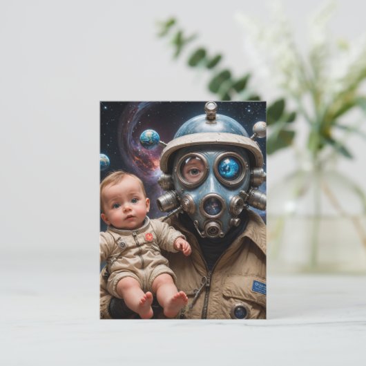 Carte Postale Alien de masque à gaz avec bébé dans l'espace (Debout devant)
