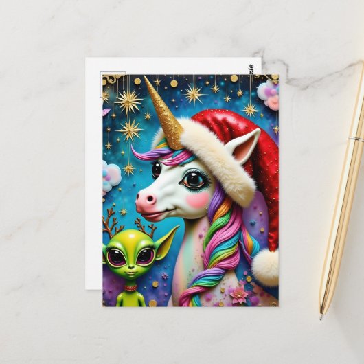 Carte Postale Alien de Noël et licorne (Devant/Arrière en situation)