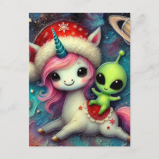 Carte Postale Alien de Noël festif et licorne (Devant)