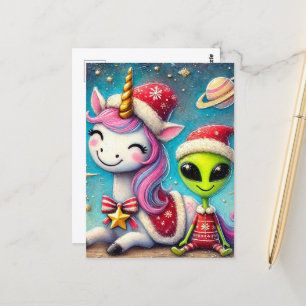Carte Postale Alien de Noël festif et licorne