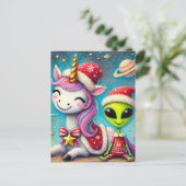 Carte Postale Alien de Noël festif et licorne (Debout devant)