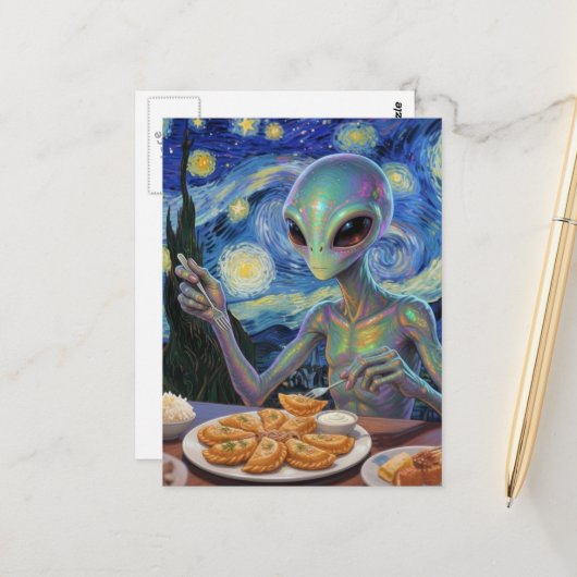 Carte Postale Alien Eating Perogies (Devant/Arrière en situation)