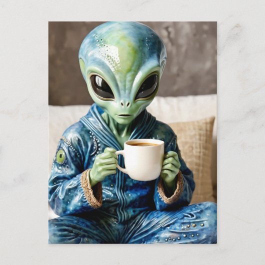 Carte Postale Alien en PJ bleu avec café (Devant)