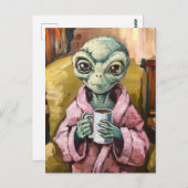 Carte Postale Alien en robe rose avec café (Devant / Derrière)