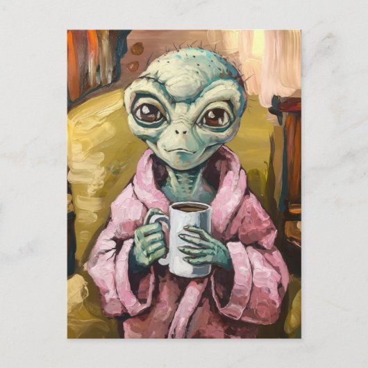 Carte Postale Alien en robe rose avec café (Devant)