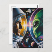 Carte Postale Alien et astronaute dans l'espace (Devant / Derrière)