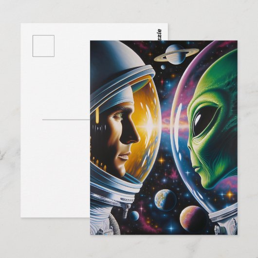 Carte Postale Alien et astronaute dans l'espace (Devant / Derrière)