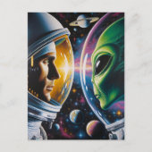 Carte Postale Alien et astronaute dans l'espace (Devant)