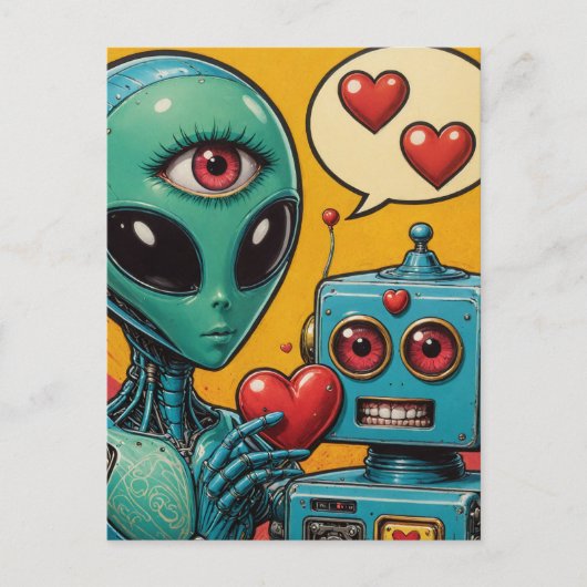 Carte Postale Alien et robot amoureux (Devant)