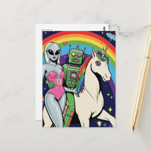 Carte Postale Alien et robot amoureux de leur licorne