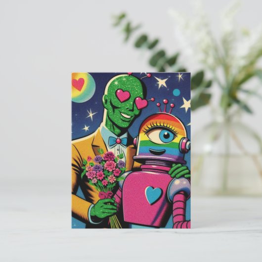 Carte Postale Alien et robot dans Love Retro Comic (Debout devant)