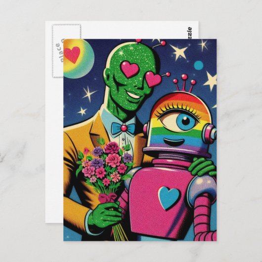 Carte Postale Alien et robot dans Love Retro Comic (Devant / Derrière)