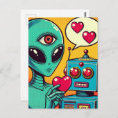 Carte Postale Alien et robot dans Love Retro Comic (Devant / Derrière)