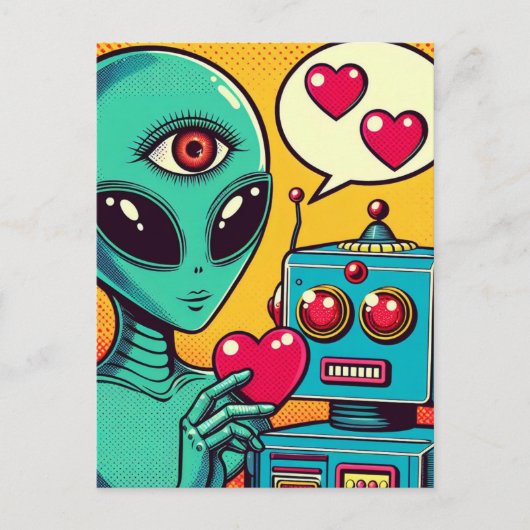 Carte Postale Alien et robot dans Love Retro Comic (Devant)