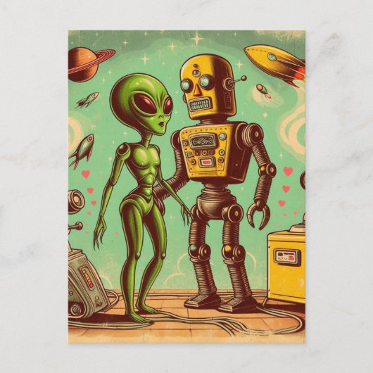 Carte Postale Alien et Robot Retro Love (Devant)