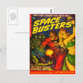 Carte Postale Alien et Spaceman se battant contre une belle femm (Devant / Derrière)