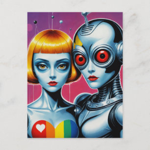 Carte Postale Alien et un Robot Amoureux Arc-en-ciel