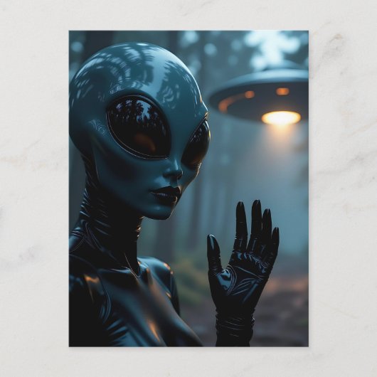Carte Postale Alien extraterrestre féminin et OVNI (Devant)