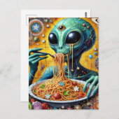 Carte Postale Alien fou mangeant Spaghetti (Devant / Derrière)