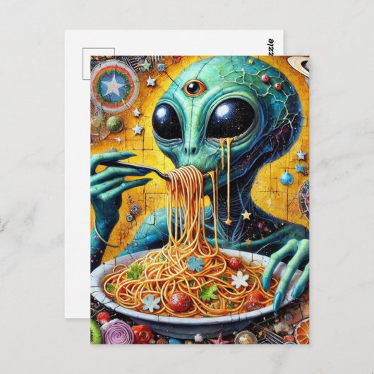 Carte Postale Alien fou mangeant Spaghetti (Devant / Derrière)