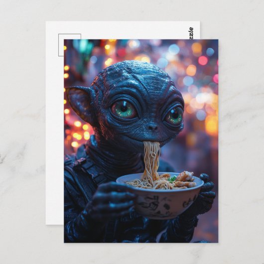 Carte Postale Alien Mangeant des nouilles (Devant / Derrière)