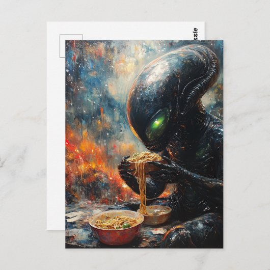 Carte Postale Alien Mangeant des nouilles (Devant / Derrière)