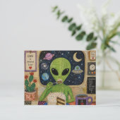Carte Postale Alien mangeant du gâteau (Debout devant)