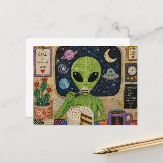 Carte Postale Alien mangeant du gâteau (Devant/Arrière en situation)